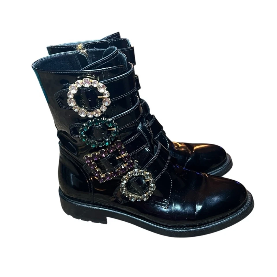Dolce & Gabbana Botas de Combate de Cuero Pulido Hebillas Joyas EU 37.5 US 7.5 Foto 4 de 4