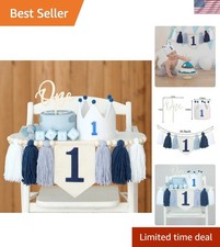 1st Birthday Decoration Blue and White High Chair Banner for Boy Crown Cake ...