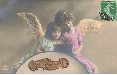 Child - Grete and Hanni Reinwald wearing angel wings, reading - souvenir