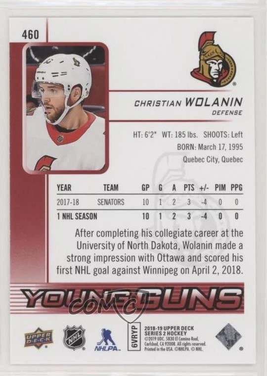 2018 Upper Deck Young Guns UD Exclusives /100 Christian Wolanin #460 Rookie RC - Image 2 of 2