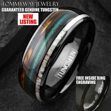 Custom Engraved Tungsten Carbide Green Sand Whiskey Barrel Deer Antler Band Ring