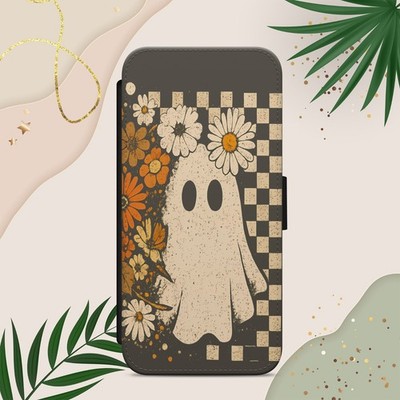 Handyhülle Geist niedlich Blumen Kürbis für iPhone Samsung Pixel Flip Wallet Cover