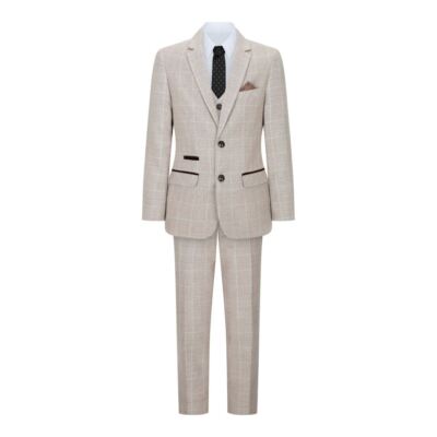 Paul Andrew Holland Boys Check Tweed Beige 3 Piece Suit