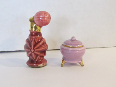 Vintage Arcadia Miniature Salt & Pepper Shaker Powder Box & Perfume Atomizer Set