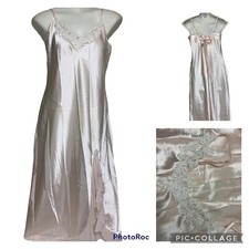 Vintage Glossy Satin Nightgown Maxi Slip Dress Sheer Chiffon Ruffle Tie Back MED