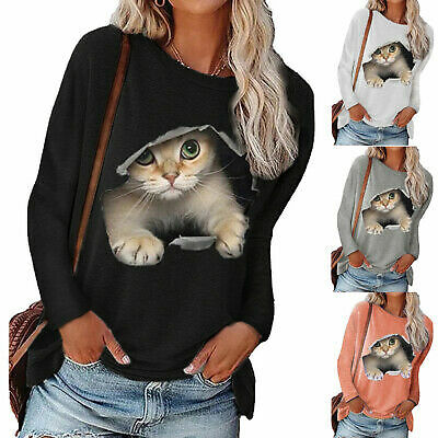 Mujeres Lindo Gato Estampado Manga Camiseta Blusa de cuello redondo Casual Tops sueltos Camiseta | eBay
