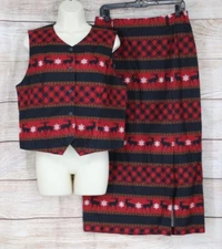 VINTAGE Bushwacker Womens Size 10 Large Holiday Midi Skirt & Vest Red Black