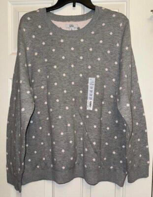 NWT Croft & Barrow Women's Gray Pink Dot Ribbed Knit Crew Sweater X-Large