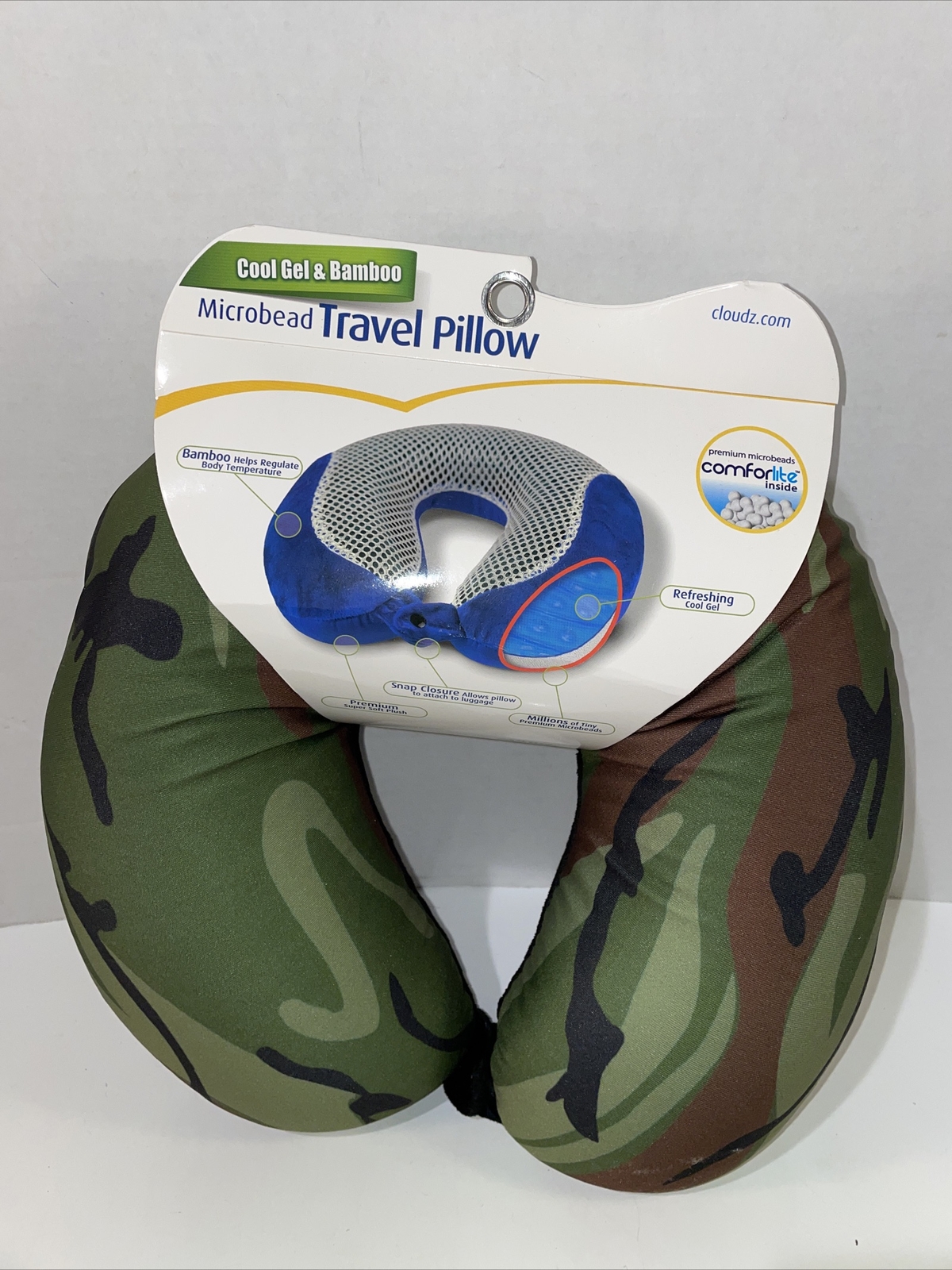 NEW Cloudz Premium Memory Foam Cool Gel Bamboo Travel Neck Pillow Camo