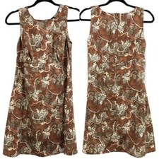 Vintage 80's Dress M Bronze Sleeveless Empire Tea Length Shift Botanical Leaf