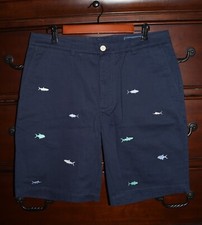 Men's Vineyard Vines Fish Print Flat Front Chino Shorts Solid Navy Blue Size 34