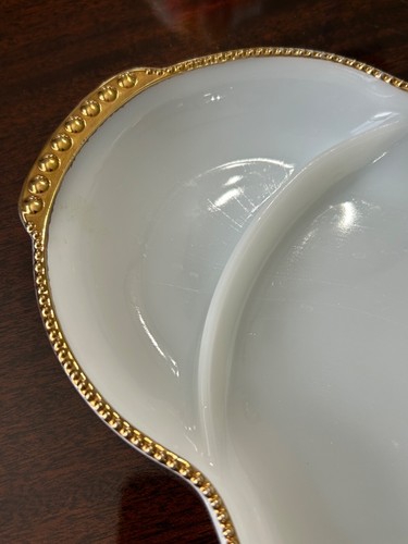 Vintage Milk Glass Fire King Wares #15 Divided Tray Anchor Hocking White & Gold - Picture 4 of 5