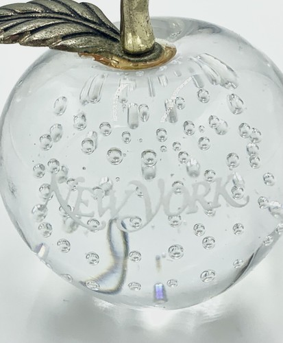 Vintage Glass Apple Paperweight Etched New York Brass Stem 9cm - Picture 2 of 4
