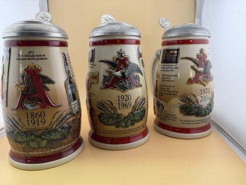 Set of 3 Anheuser-Busch Marketing Milestones Collector Steins 1860–2004