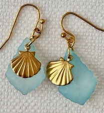 Beautiful Gold Shell & Ice Blue Earrings. Ocean. Beach Glass. Coast.