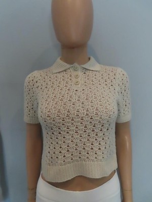 Christian Dior Light Beige Crochet Open Knit Short Slv Polo