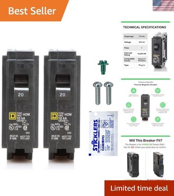 Genuine Square D Circuit Breaker 2 Pack Kit Bundle, 20 Amp 20A Single Pole, 1...