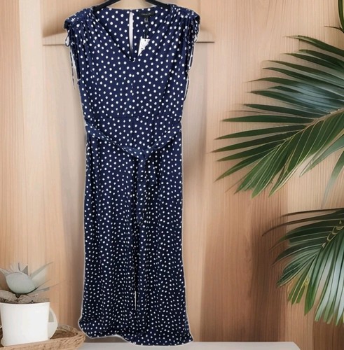 NEW cortefiel navy polka-dot streatchy jumpsuit size 8 non iron comfortable