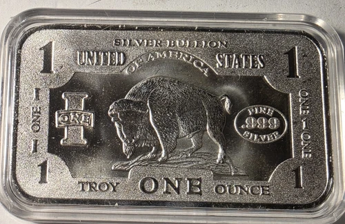 Silver Buffalo Head Silver Bar 1 Troy Oz .999 Fine Uncirculated In Capsule