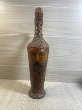 Vtg Wooden Hand Carved Wooden Face Wine Bottle With Cork Stopper MCM HTF
