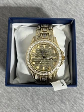 Montres Prestige Watch Mens Gold Tone Iced Out Crystal Bezel Quartz MPW-0126