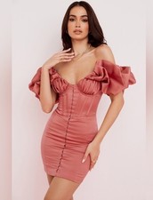 House of CB Annabelle Pink Satin Ruffle Corset Mini Dress Sweetheart L+