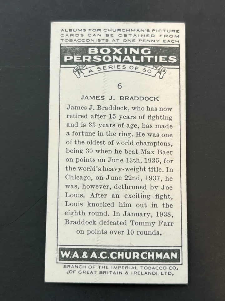 1938 Churchman's Cigarettes Boxing #6 JAMES BRADDOCK NM - Image 2 of 2