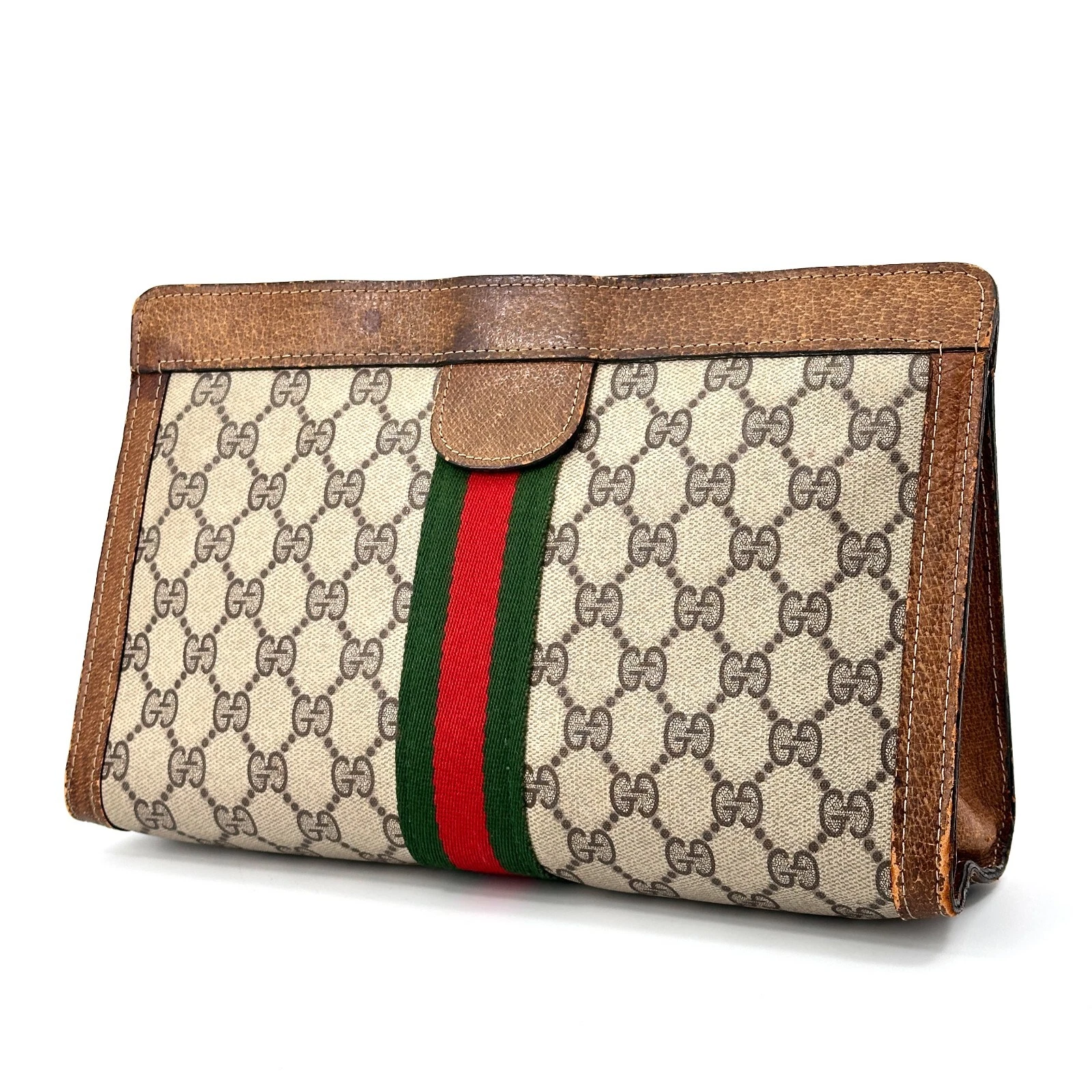 Pochette Gucci Vintage Linea Sherry GG Supreme PVC Pelle Marrone Autentica