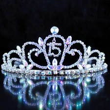 QUINCEANERA 15 FIFTEEN TIARA CROWN W/ HAIR COMBS BIRTHDAY PARTY T990AB WHITE AB