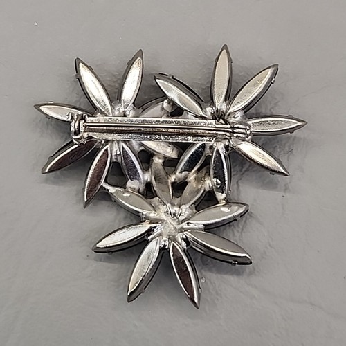 Flower Brooch Vtg Triple Black Marquise Silver Tone AB Round Rhinestone Pin 2" - Picture 7 of 13
