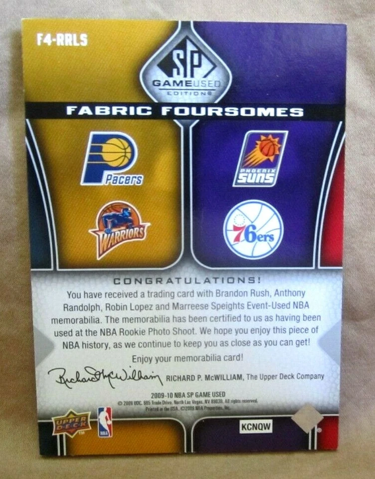 Robin Lopez/Speights/Rush/Randolph 2009-10 SP Game Used 4Clr 4Patch#9/50 - Image 2 of 2