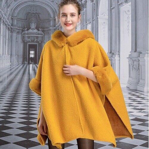 Mode Winter Schal Cape Damen Kapuze Pelzkragen Faux Wolle Kaschmir Poncho Mantel - Bild 10 von 11