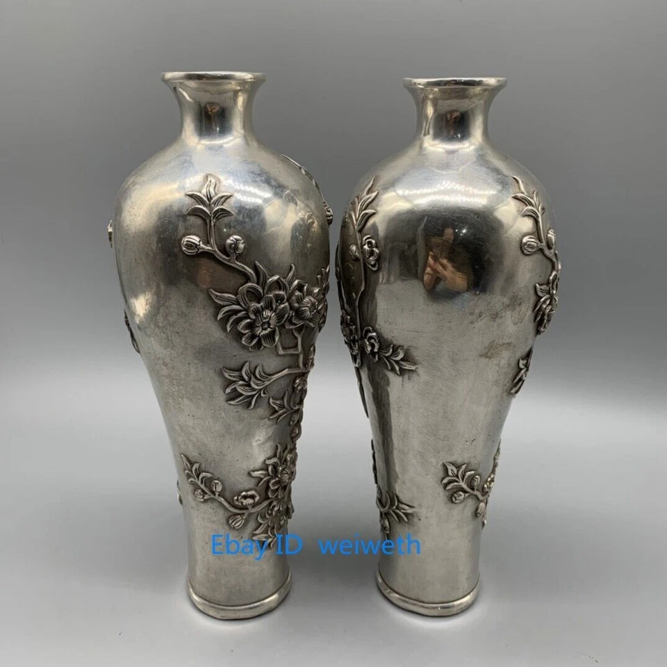 A Pair Old China Tibet Silver Carving Flower Vase W Qianlong Mark 38043 - Image 4 of 4