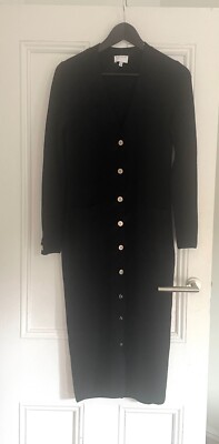 Witchery Black Ribbed Knit Body Con midi dress Gold Buttons Size