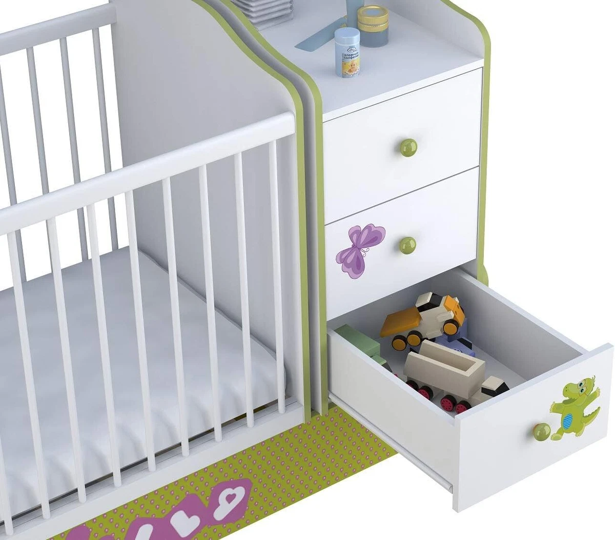 Polini Kids Cot Bed with 3 Drawer Unit White Green eBay