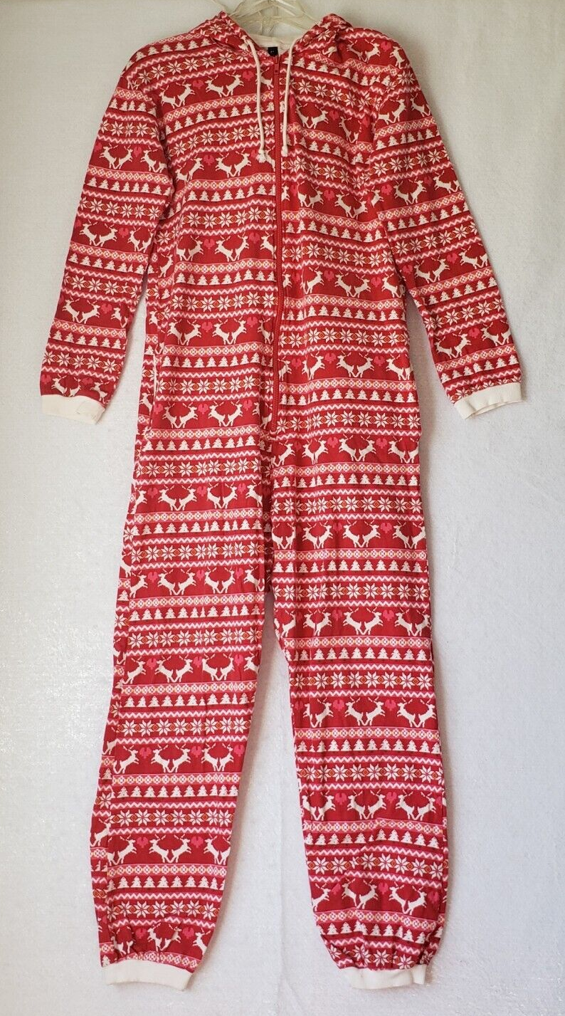 H&M Divided One Piece Christmas Pajamas Womens 10 Holiday Reindeer Lounge Hooded