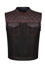 Premium Men's Black Leather Denim Club Vest Motorcycle Red Thread Diamond Design
