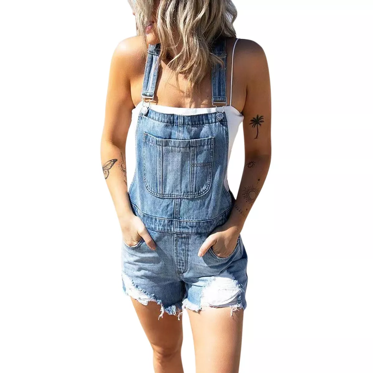 Womens blue jean short overalls hotsell