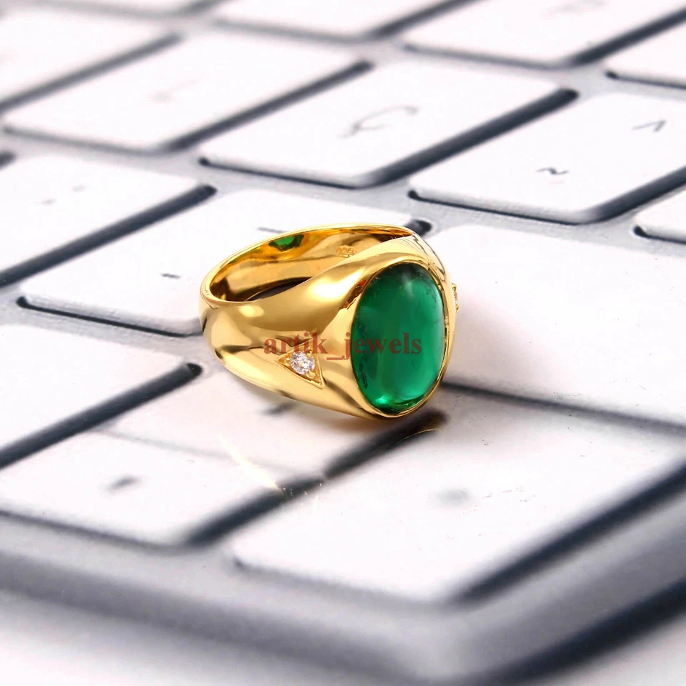 Simulierte Smaragd Edelstein Mit Vergoldet 925 Sterlingsilber Herren Ring #5911 - Bild 3 von 4