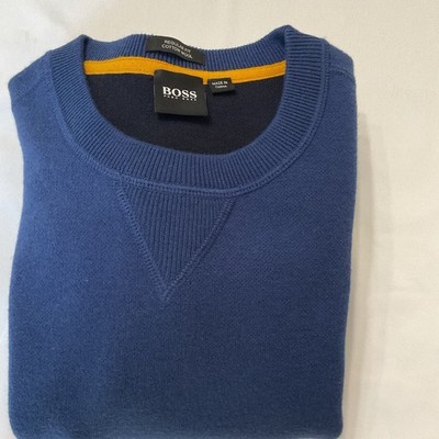 BOSS Hugo Boss M Men's Blue Knit Crew Neck Pullover Sweater Logo Cotton Wool