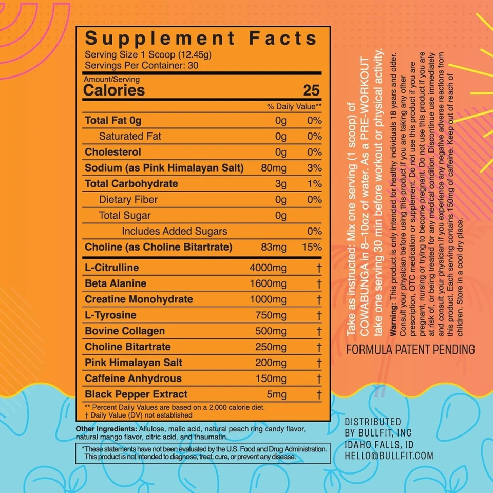 Polvo preentrenamiento BULLFIT, mango melocotón, soporte preentrenamiento para hombres y mujeres, 30 Foto 3 de 4