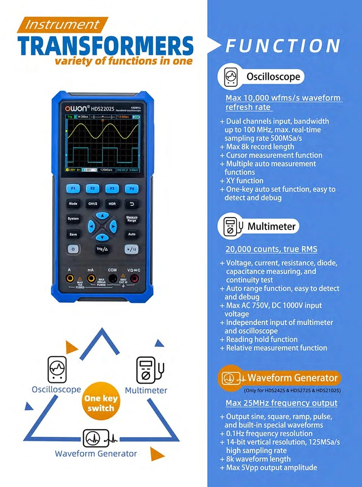 OWON HDS2202S 3in1 Digital Oscilloscope 200MHz 500MS/s Multimeter 1CH Generator - Image 3 of 4
