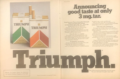1979 Triumph Cigarettes PRINT AD Announcing Good Taste At Only 3mg Tar VTG 1970s