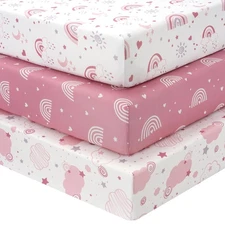 FIEMOL Baby Crib Sheets Girl 3 Pack Toddler Bed Sheets Fitted for 52”x28” Sta...