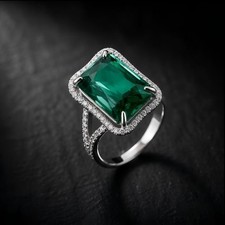 Women Emerald Green Crystal Cocktail Ring Silver Plated Copper Cz Statement Jewe