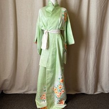 Hand Painted Vintage Japanese Silk Kimono Mint Green Floral Peony 63"