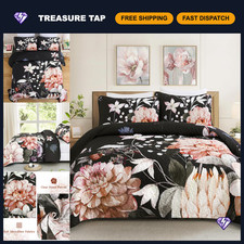 Floral King Size Quilt Set - 3 Piece Black Botanical Bedspread  Shams