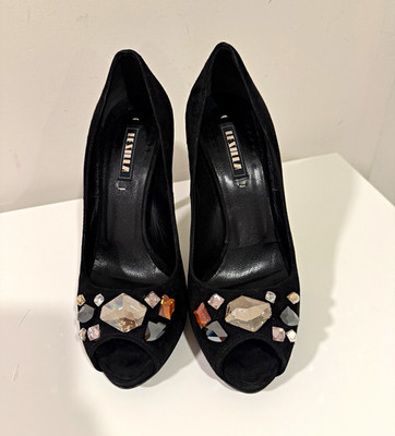 Le Silla Black Suede Peep Toe Stiletto Slip-On Pumps Rhinestone EU 36