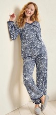 Garnet Hill Asian Wrap Navy White Floral Organic Cotton Pajama Set XL LN