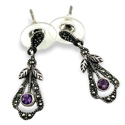 Vintage Sterling Silver AMETHYST Marcasite 1  Dangle Earrings Victorian Floral
